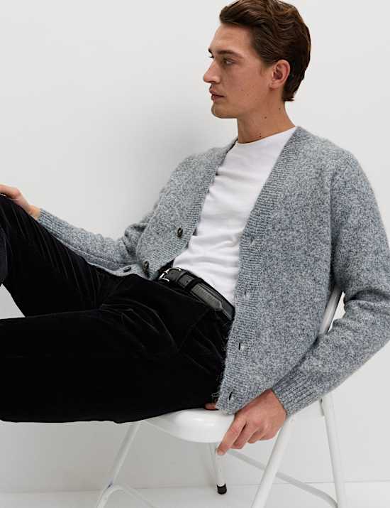 Relaxed Textured V-Neck Cardigan with Wool