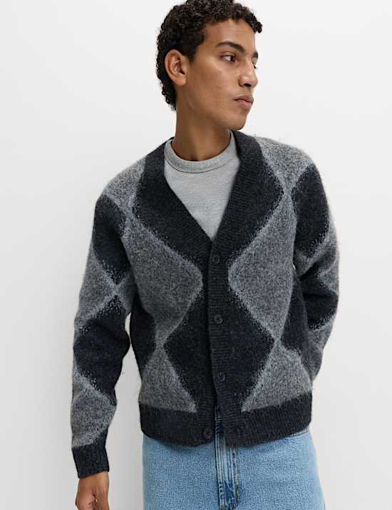 Cardigan en laine motif écossais flou à col en V