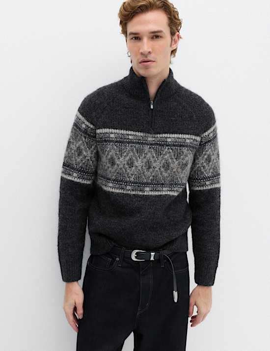 Fair Isle Half Zip Jumper with Wool