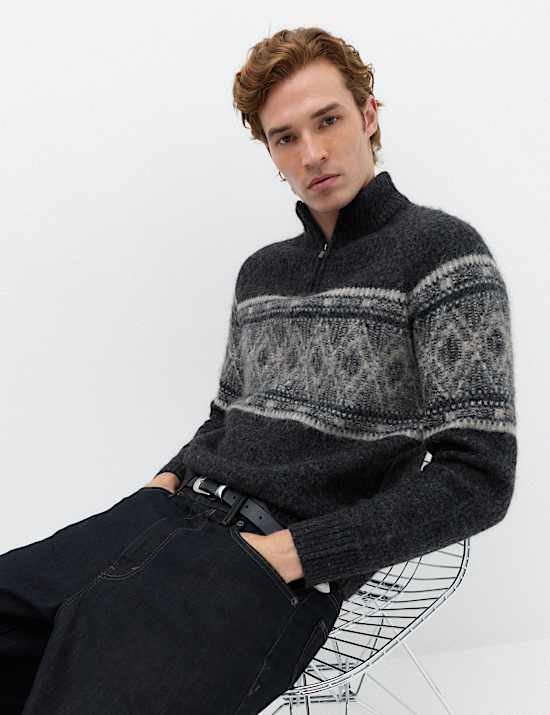 Fair Isle Half Zip Jumper with Wool