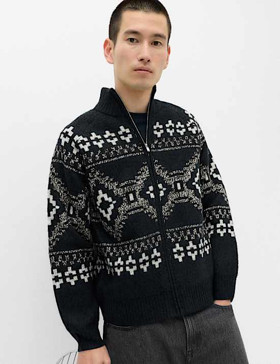Fair Isle Funnel Neck Zip Up Jumper