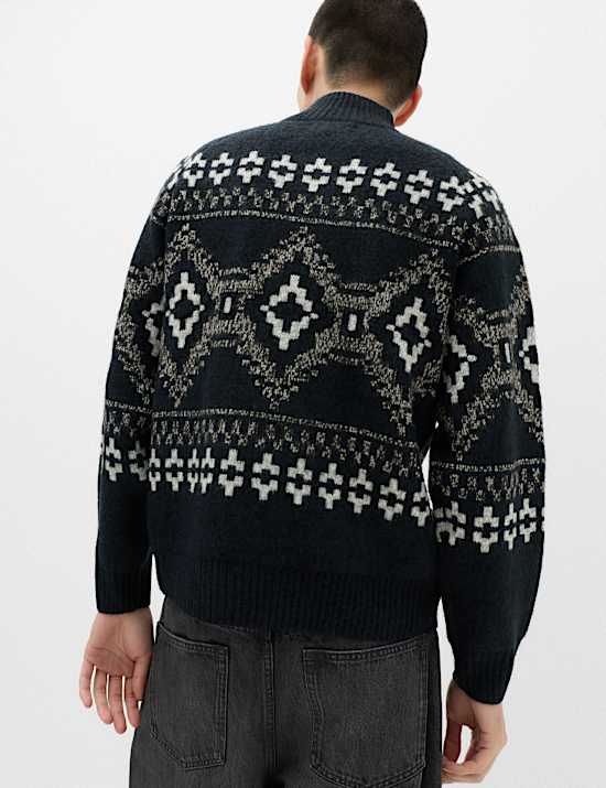 Fair Isle Funnel Neck Zip Up Jumper