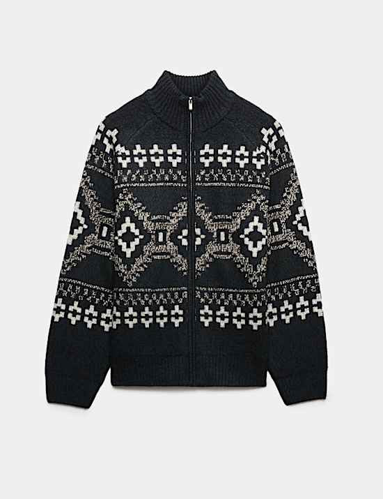 Fair Isle Funnel Neck Zip Up Jumper