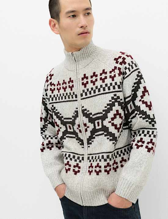 Fair Isle Funnel Neck Zip Up Jumper