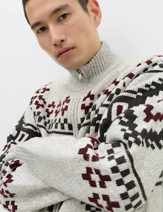 Fair Isle Funnel Neck Zip Up Jumper