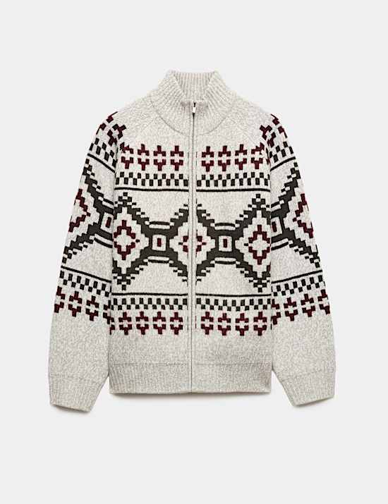 Fair Isle Funnel Neck Zip Up Jumper