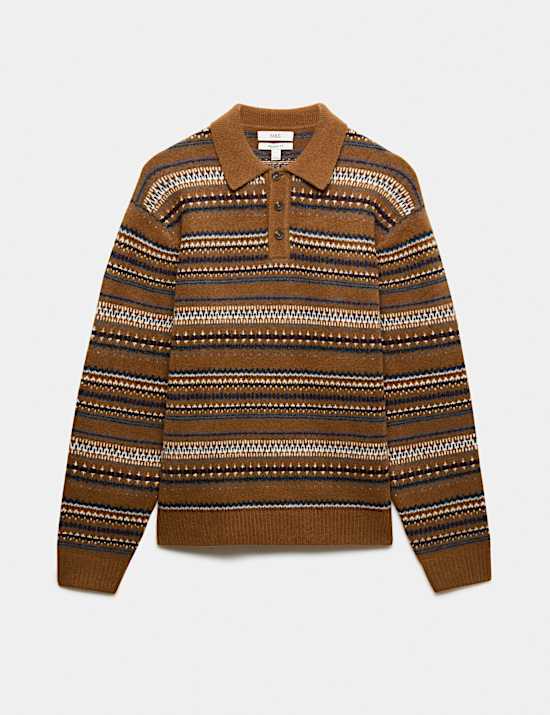 Fair Isle Knitted Polo Shirt with Wool