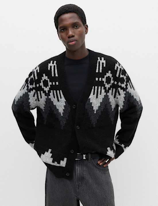 Fairisle Monochrome V Neck Knitted Cardigan