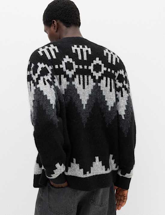Fairisle Monochrome V Neck Knitted Cardigan