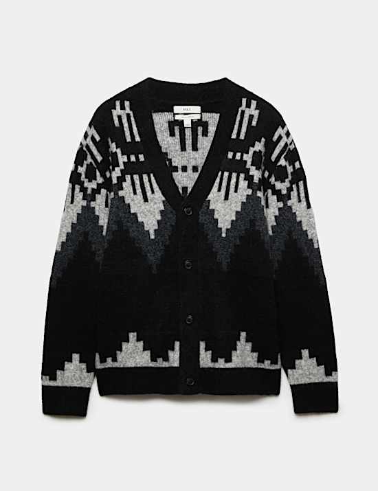Fairisle Monochrome V Neck Knitted Cardigan
