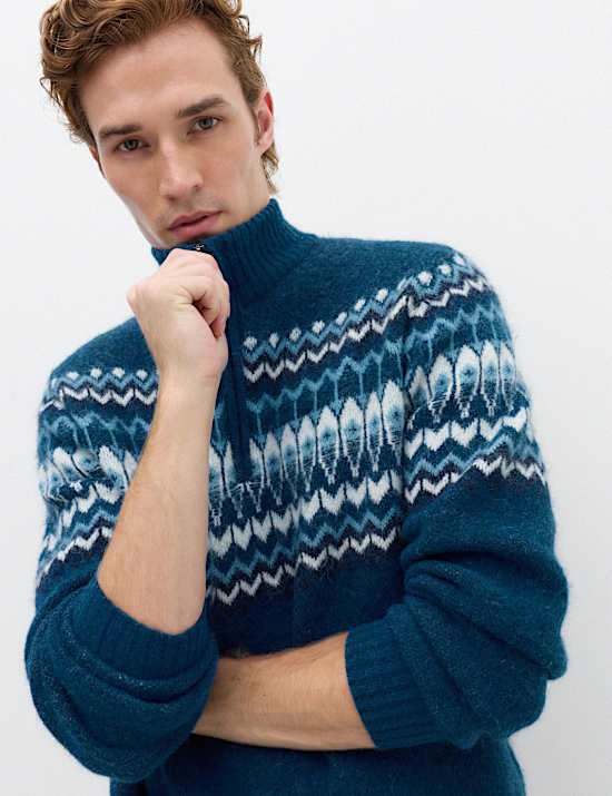 Fair Isle Half Zip Jumper with Wool