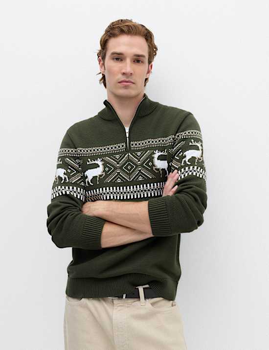 Pure Cotton Fair Isle Half Zip Jumper
