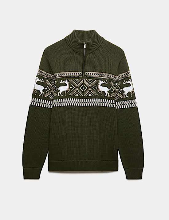 Pure Cotton Fair Isle Half Zip Jumper