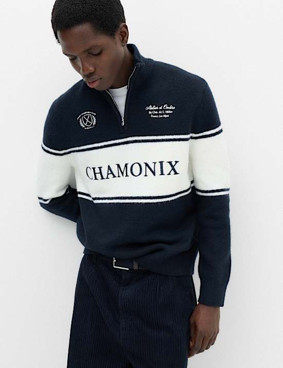 Colour Block Half Zip Jumper with Wool