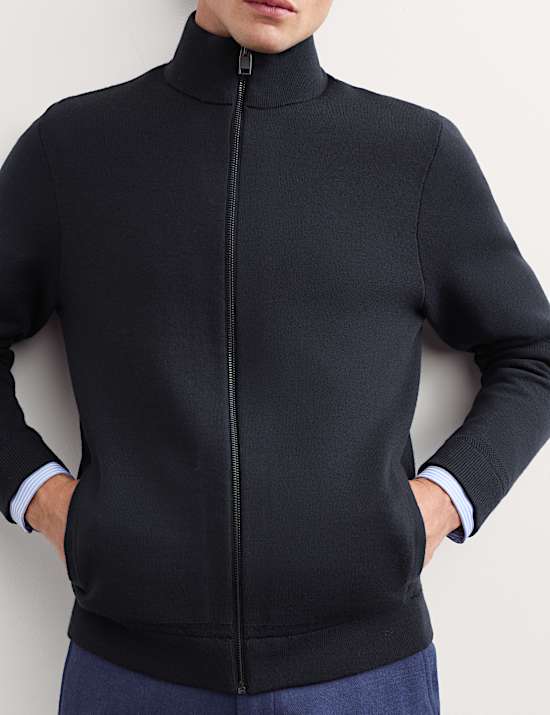 Merino Wool Rich Funnel Neck Zip Up Cardigan
