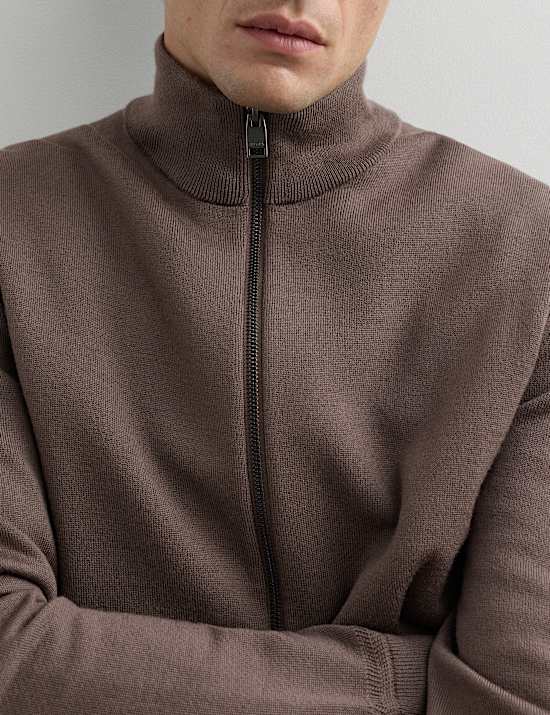 Merino Wool Rich Funnel Neck Zip Up Cardigan