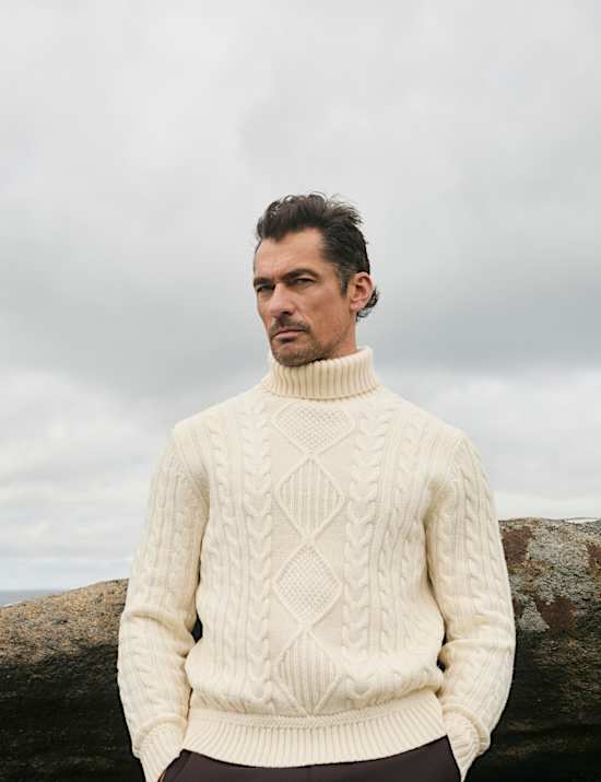 Pure Lambswool Cable Knit Roll Neck Jumper