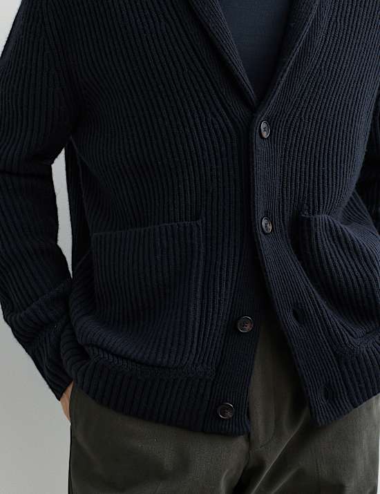 Pure Lambswool Ribbed Shawl Neck Cardigan