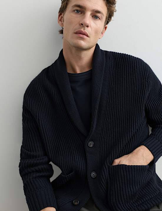 Pure Lambswool Ribbed Shawl Neck Cardigan