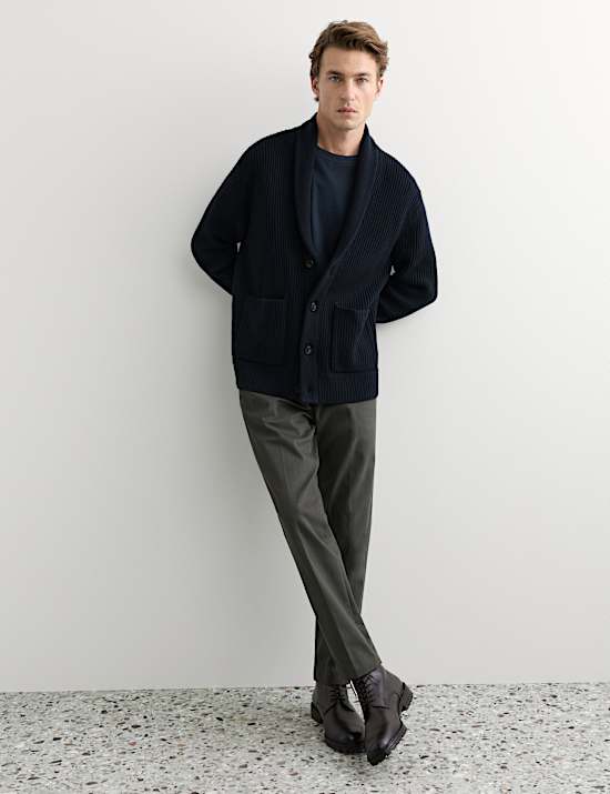 Pure Lambswool Ribbed Shawl Neck Cardigan