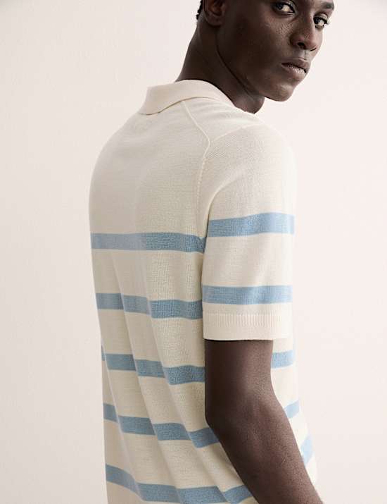 Merino Wool with Silk Striped Knitted Polo Shirt