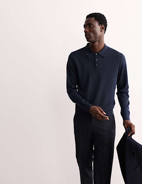 Gebreid poloshirt van merinowol met zijde