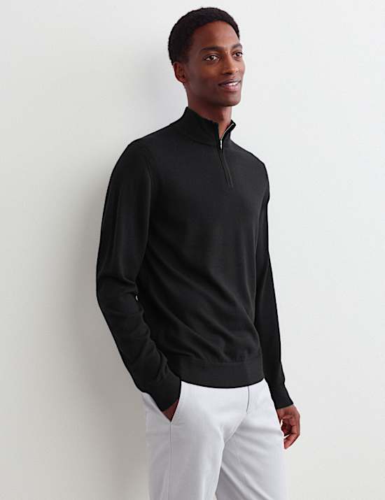Pull en laine m&eacute;rinos et soie &agrave; encolure demi-zipp&eacute;e