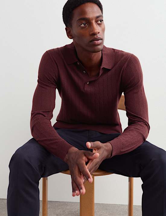Merino Wool Rich Knitted Polo Shirt with Silk