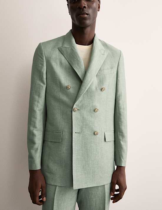Tailored Fit Double Breasted Wool Linen Blend Jacket