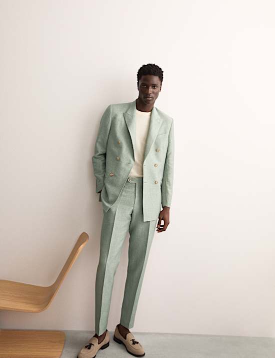 Tailored Fit Double Breasted Wool Linen Blend Jacket