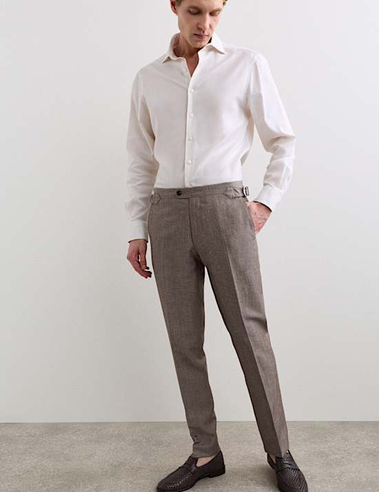 Pantalon de costume coupe ajust&eacute;e en lin m&eacute;lang&eacute; laine italienne