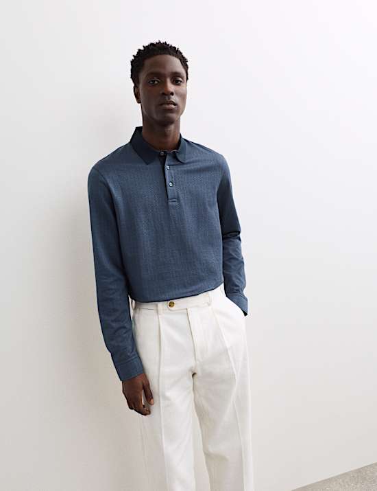 Pure Cotton Textured Long Sleeve Polo Shirt