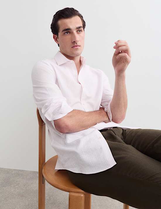 Chemise de luxe coupe standard en coton lin &agrave; rayures