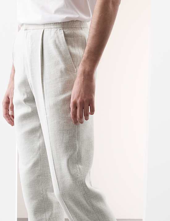 Tapered Fit Italian Linen Blend Elasticated Trousers