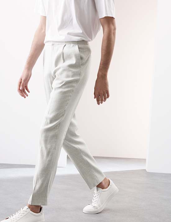 Tapered Fit Italian Linen Blend Elasticated Trousers