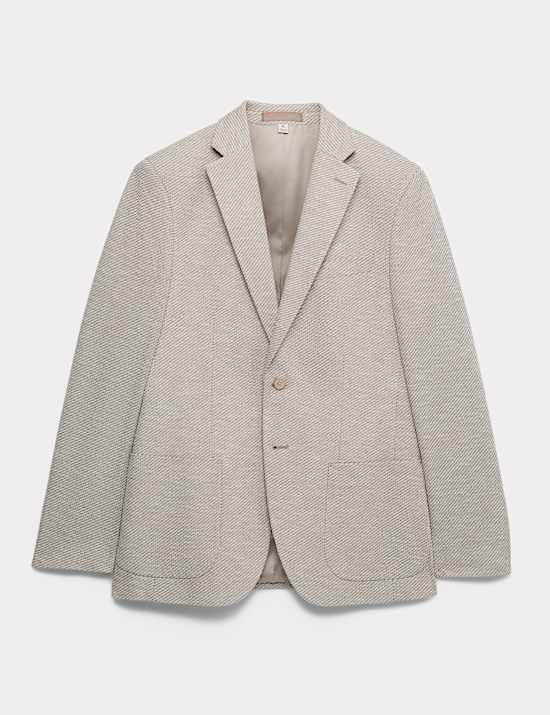 בלייזר מבד תערובת כותנה נמתח בגזרה מחויטת ובטקסטורה