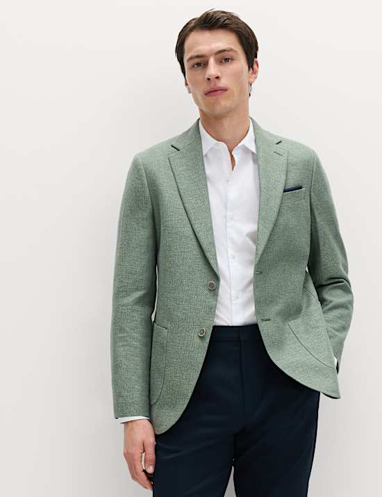 Tailored Fit Linen Cotton Blend Herringbone Blazer
