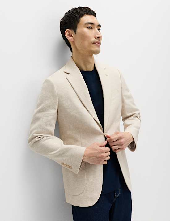 Tailored Fit Linen Cotton Blend Herringbone Blazer