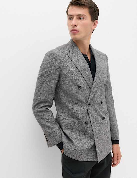 Regular Fit Textured Stretch Double Breasted Suit Jacket