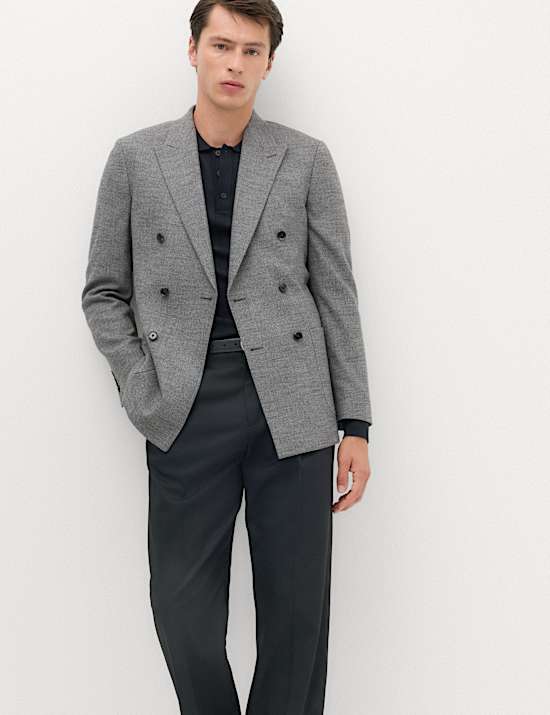 Regular Fit Textured Stretch Double Breasted Suit Jacket