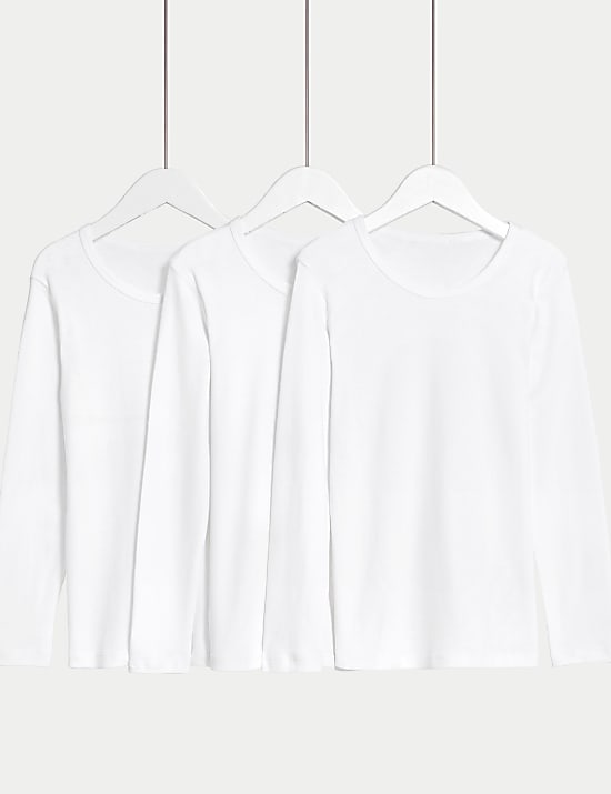 3pk Pure Cotton Long Sleeve Vests (2-14 Yrs)
