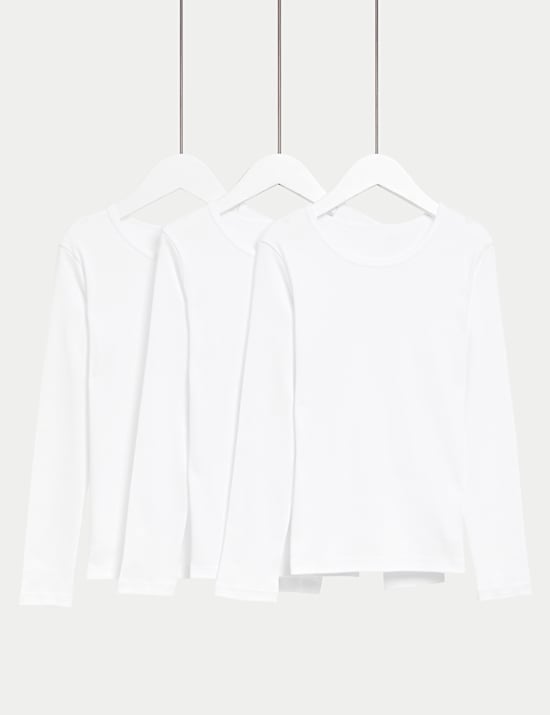 3pk Pure Cotton Long Sleeve Vests (2-14 Yrs)