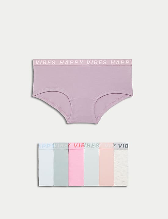 7pk Cotton with Stretch Slogan Waistband Shorts (5-16 Yrs)