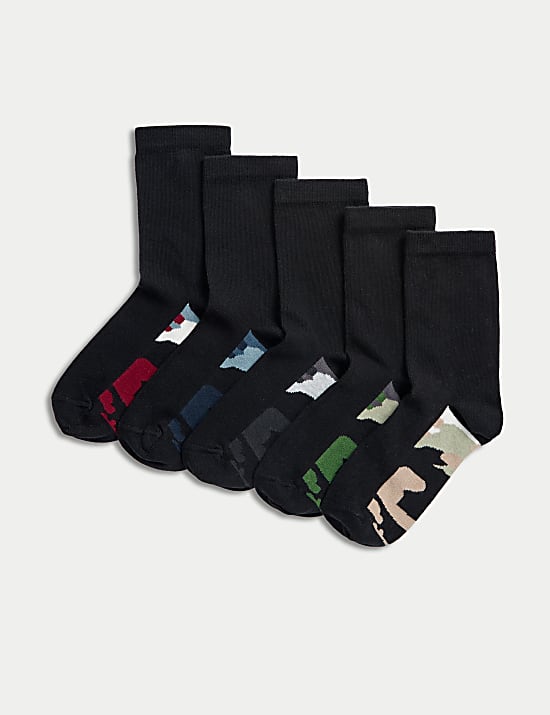 5pk Cotton Rich Camo Sole School Socks (6 Small-7 Large)