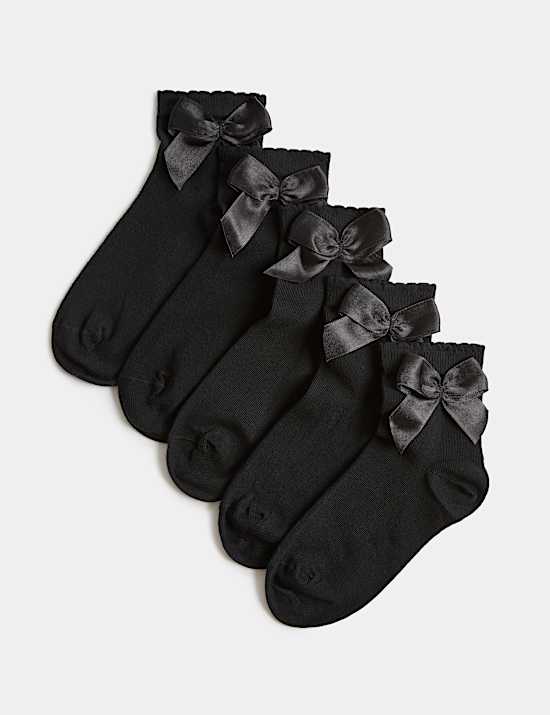 5 Pack Cotton Rich Ankle Bow Socks (6 Small-7 Large)