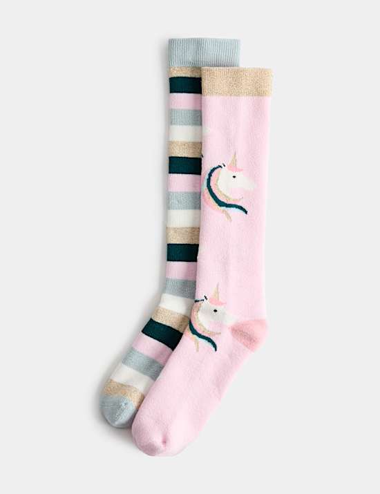 2 Pack Cotton Rich Unicorn Striped Welly Socks (6 Small-3&frac12; Large)