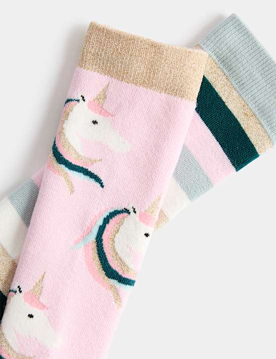 2 Pack Cotton Rich Unicorn Striped Welly Socks (6 Small-3&frac12; Large)