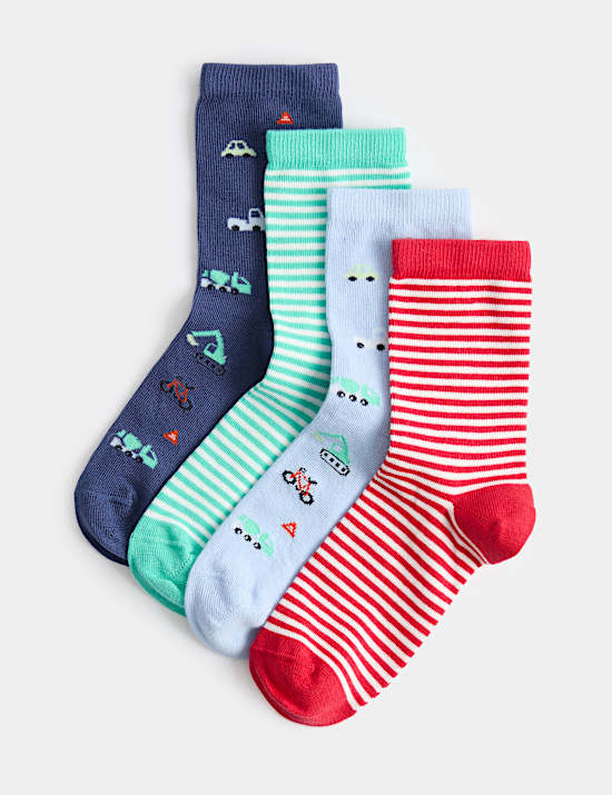 Lot de 4 paires de chaussettes en coton &agrave; motif transport (du 23 au 35,5)