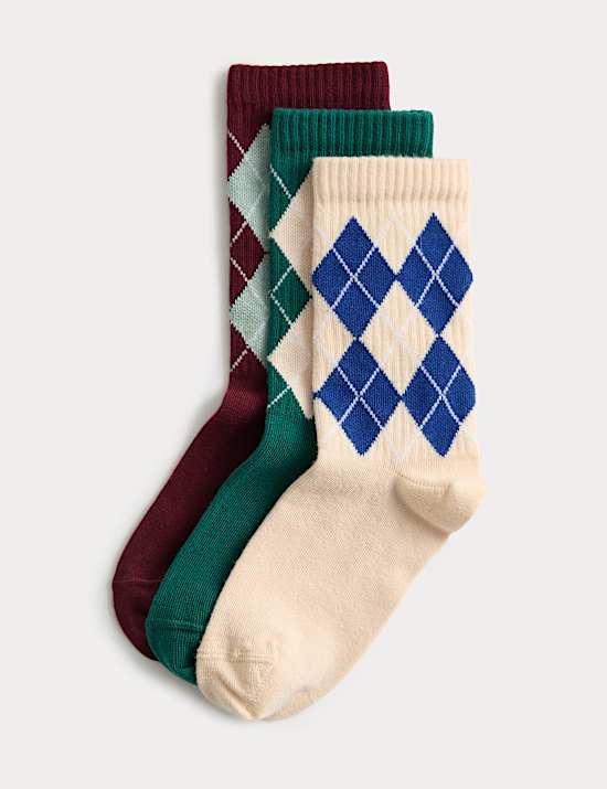 3pk Cotton Rich Diamond Socks (6 Small - 7 Large)
