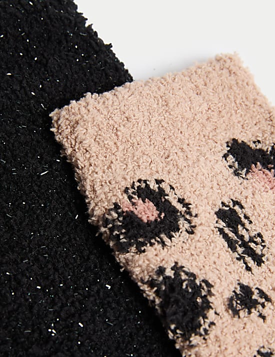 Pack de 2 pares de calcetines zapatilla abrigados con diseño de leopardo y brillos